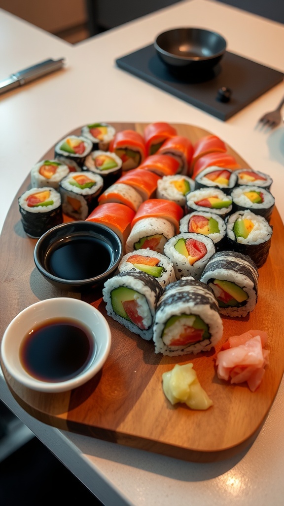An elegant display of assorted sushi rolls on a wooden platter with soy sauce, wasabi, and pickled ginger.